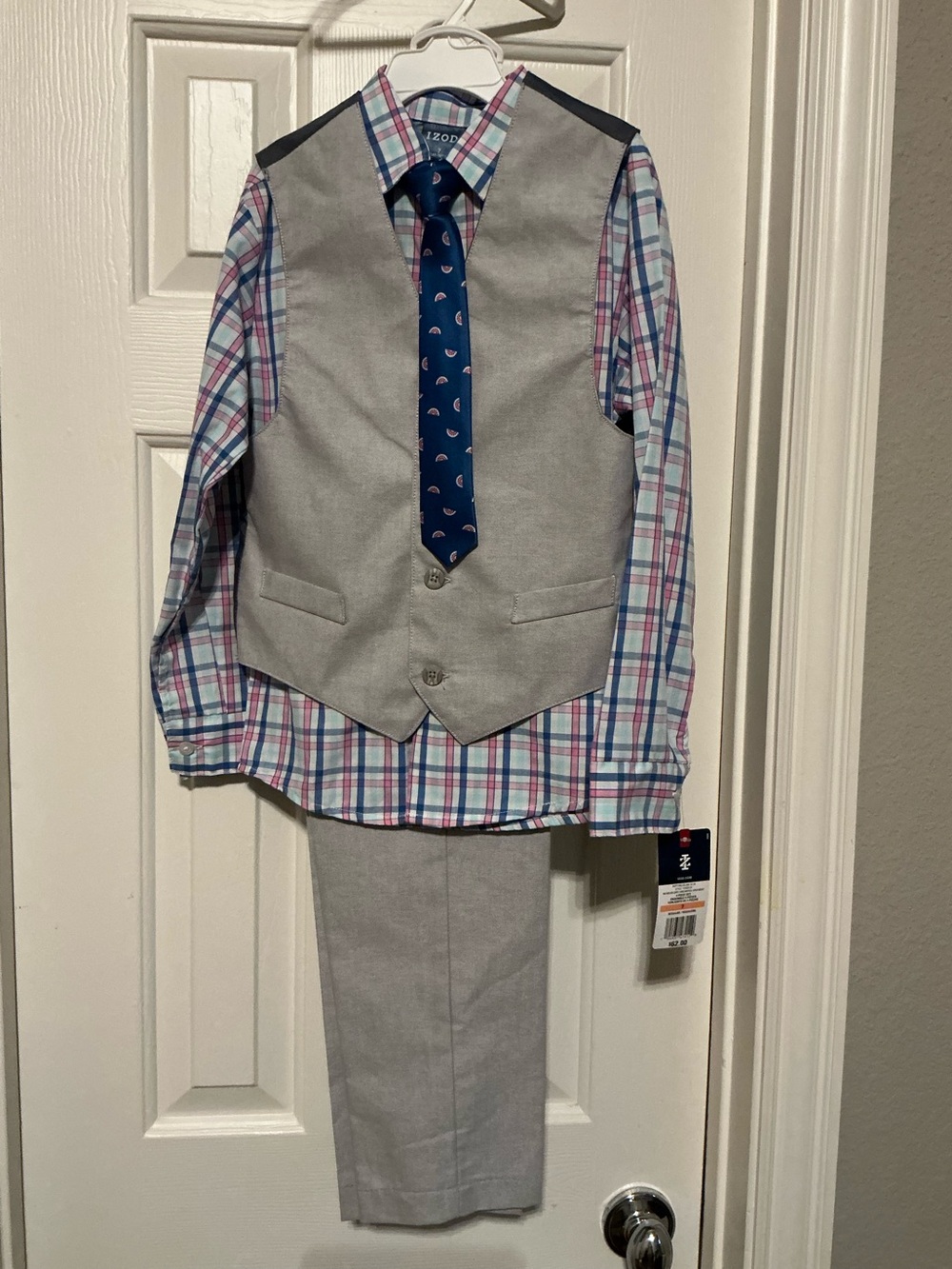 Boys IZOD Oxford Dockman Vest, Plaid Shirt, Pants & Tie Set